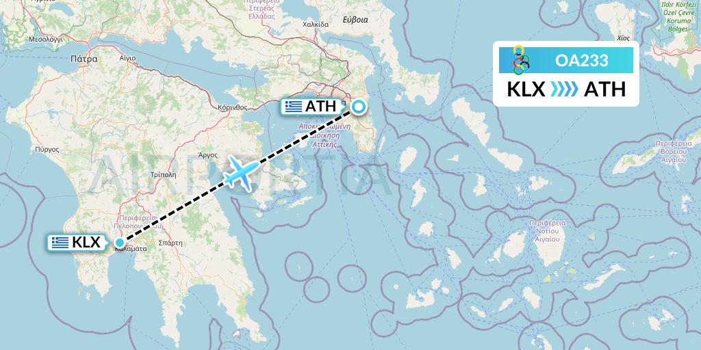 OA233 Olympic Air Flight Map: Kalamata to Athens