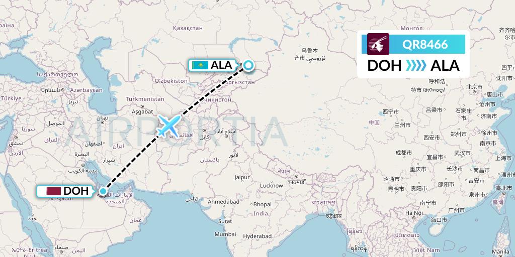 QR8466 Qatar Airways Flight Map: Doha to Almaty