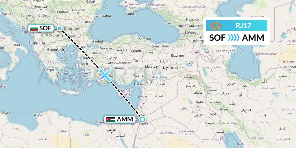 RJ17 Royal Jordanian Flight Map: Sofia to Amman