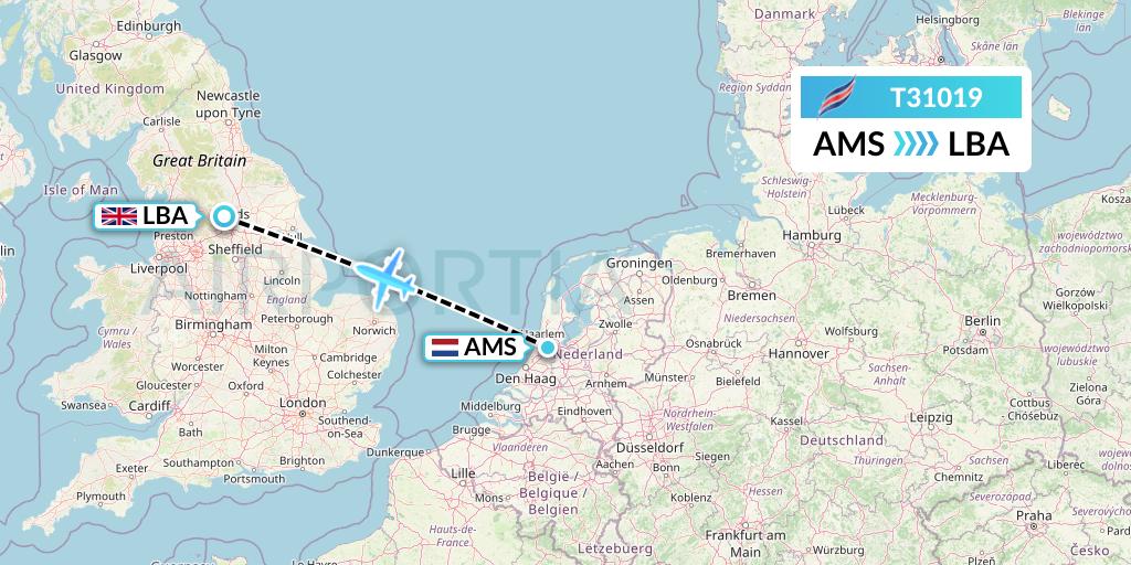T31019 Eastern Airways Flight Map: Amsterdam to Leeds