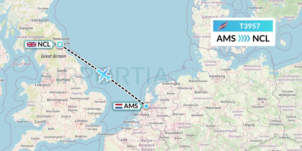 T3957 Eastern Airways Flight Map: Amsterdam to Newcastle