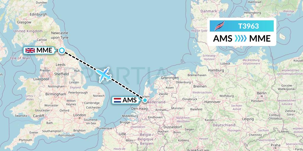 T3963 Eastern Airways Flight Map: Amsterdam to Darlington