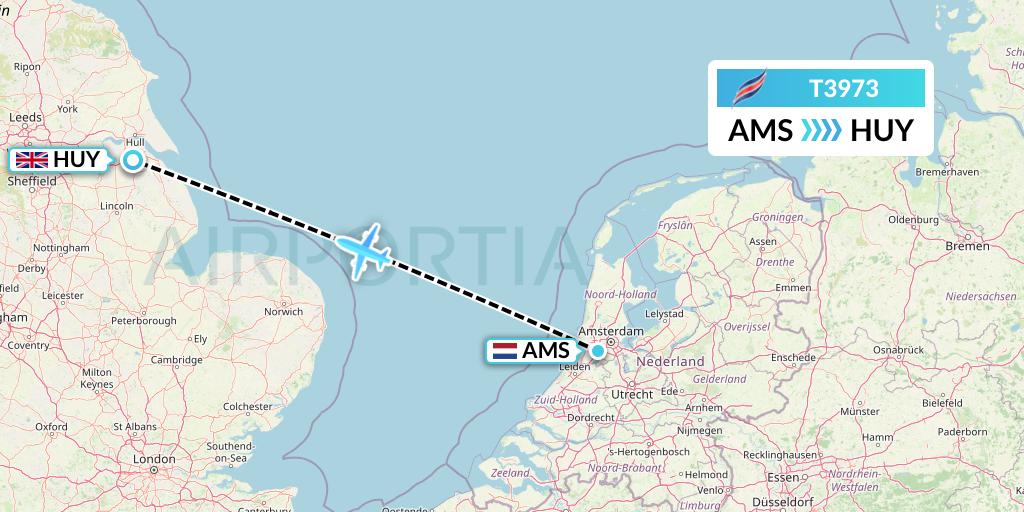 T3973 Eastern Airways Flight Map: Amsterdam to Humberside