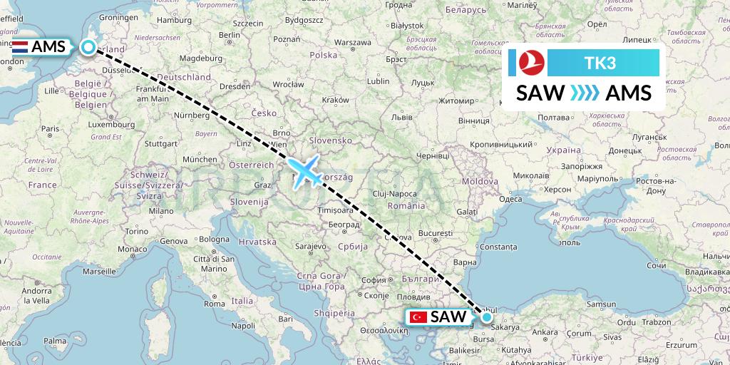 TK3 Turkish Airlines Flight Map: Istanbul to Amsterdam