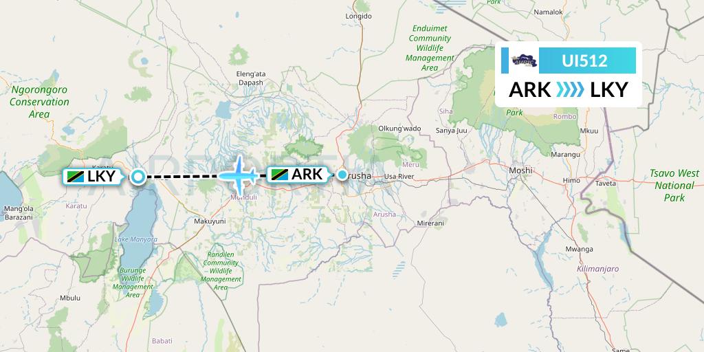 UI512 Auric Air Flight Map: Arusha to Lake Manyara National Park