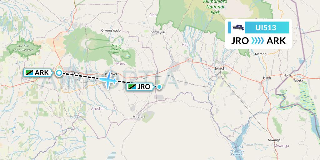 UI513 Auric Air Flight Map: Kilimanjaro to Arusha