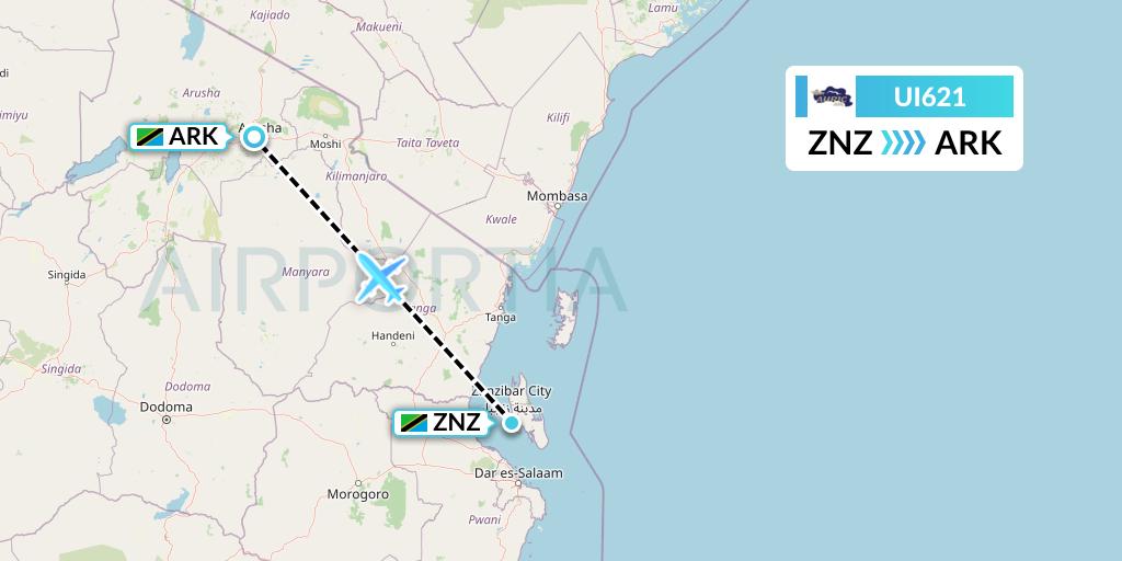 UI621 Auric Air Flight Map: Zanzibar to Arusha