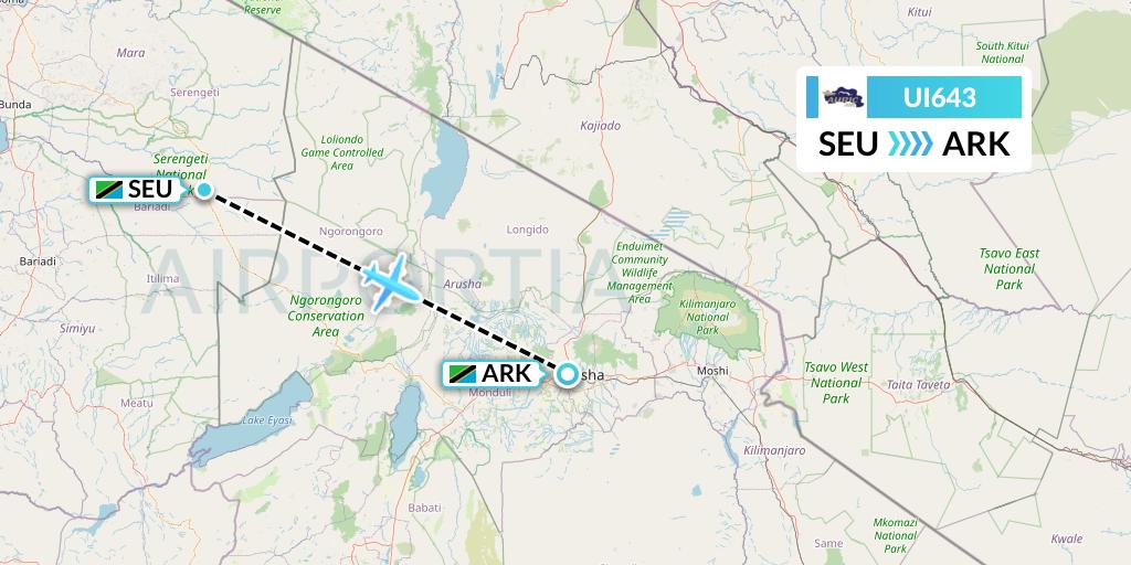UI643 Auric Air Flight Map: Seronera to Arusha