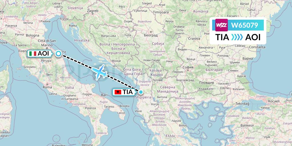 W65079 Wizz Air Flight Map: Tirana to Ancona