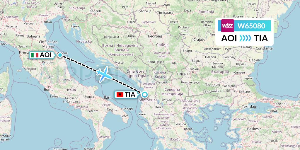 W65080 Wizz Air Flight Map: Ancona to Tirana
