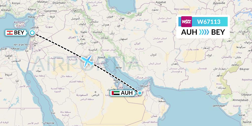 W67113 Wizz Air Flight Map: Abu Dhabi to Beirut