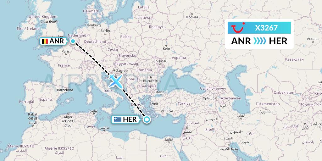 X3267 TUI fly Germany Flight Map: Antwerp to Heraklion