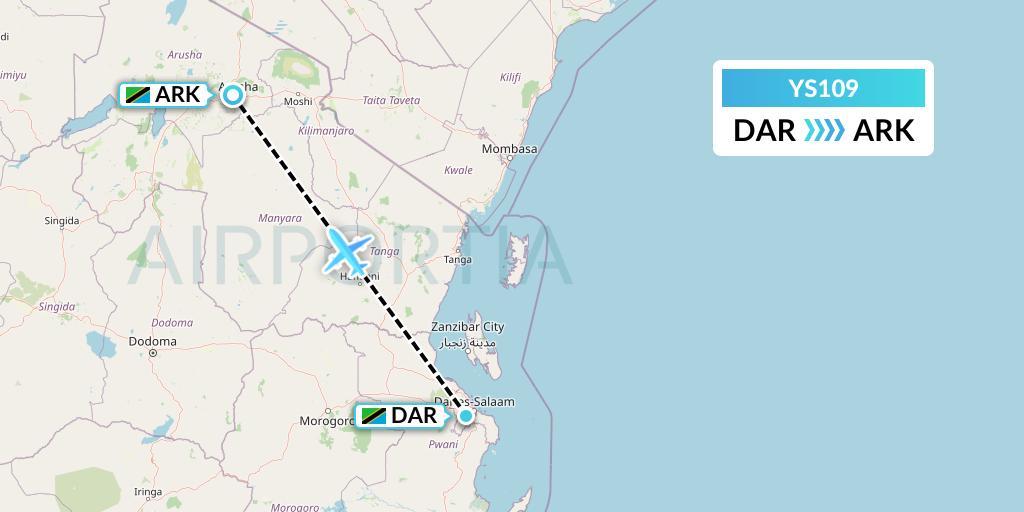 YS109 Flightlink Air Charters Flight Map: Dar-es-Salaam to Arusha