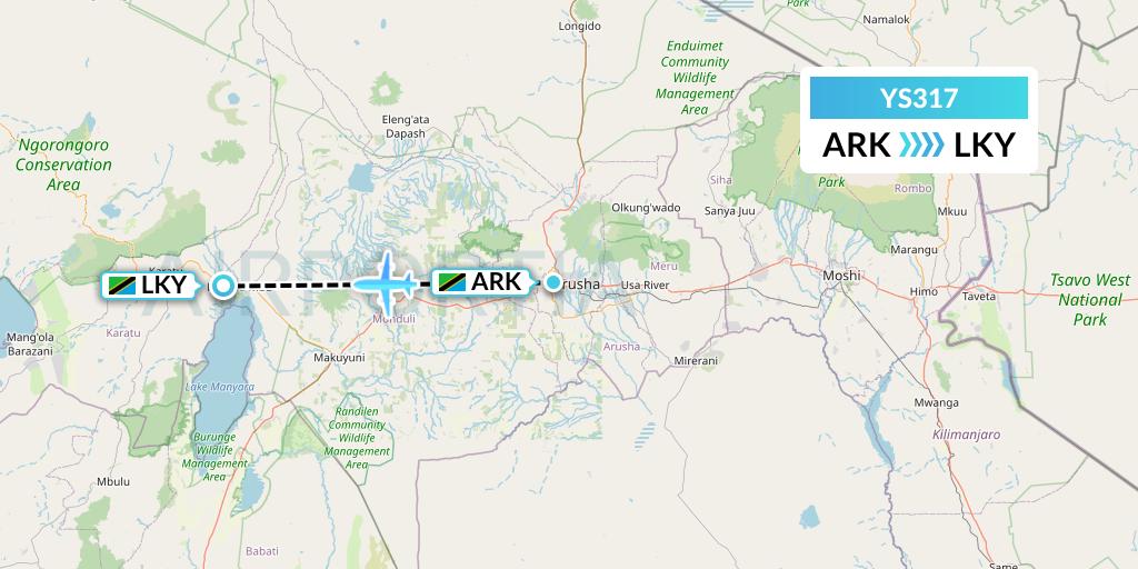 YS317 Flightlink Air Charters Flight Map: Arusha to Lake Manyara National Park