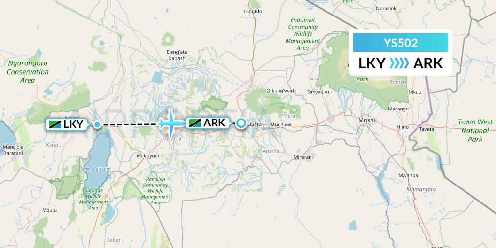 YS502 Flightlink Air Charters Flight Map: Lake Manyara National Park to Arusha
