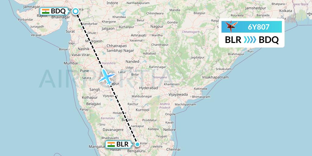 6Y807 SmartLynx Flight Map: Bangalore to Vadodara