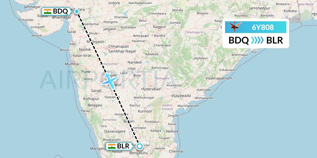 6Y808 SmartLynx Flight Map: Vadodara to Bangalore
