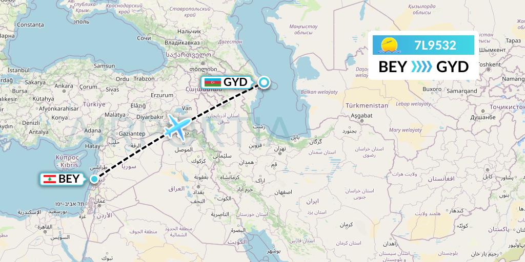 7L9532 Silk Way West Airlines Flight Map: Beirut to Baku
