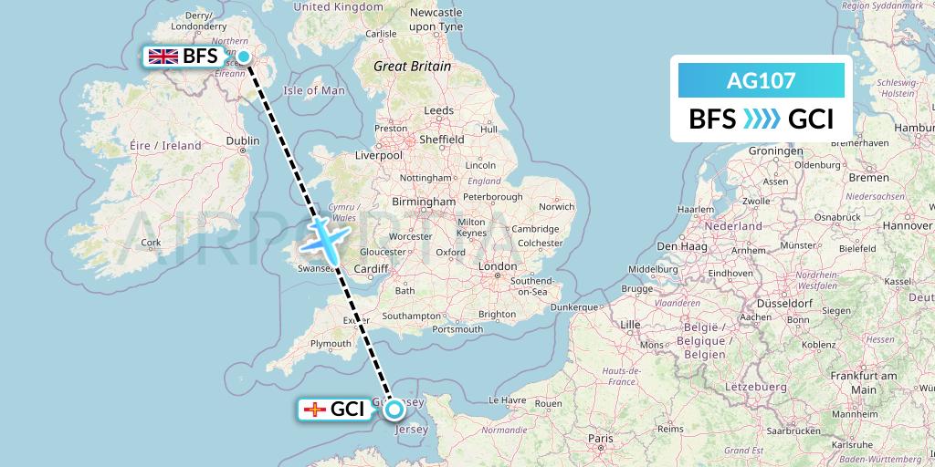 AG107 Aruba Airlines Flight Map: Belfast to Guernsey
