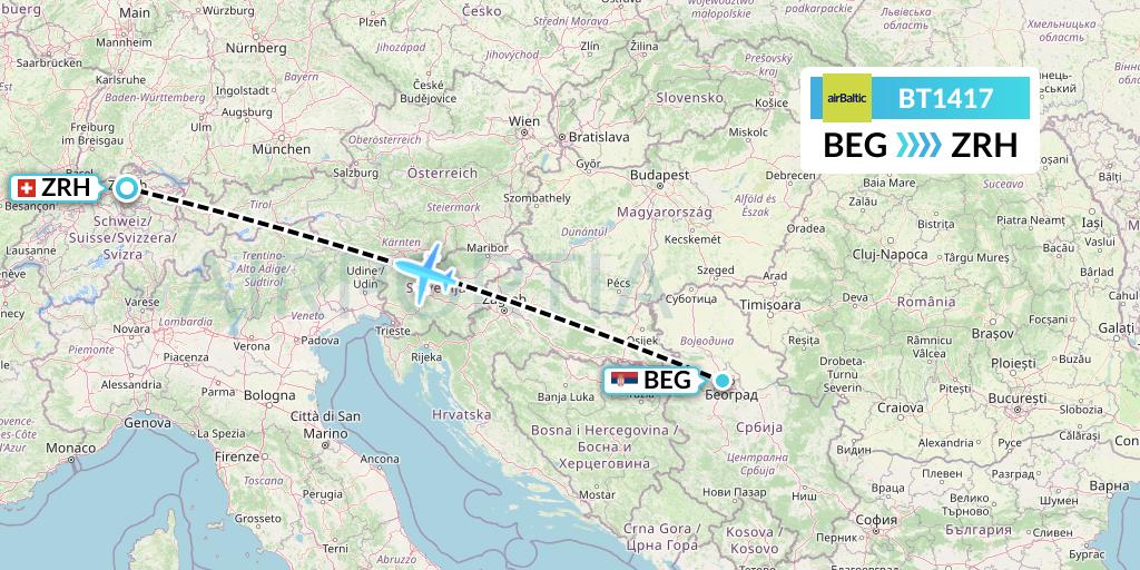 BT1417 Air Baltic Flight Map: Belgrade to Zurich