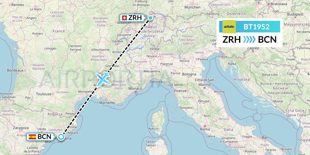 BT1952 Air Baltic Flight Map: Zurich to Barcelona