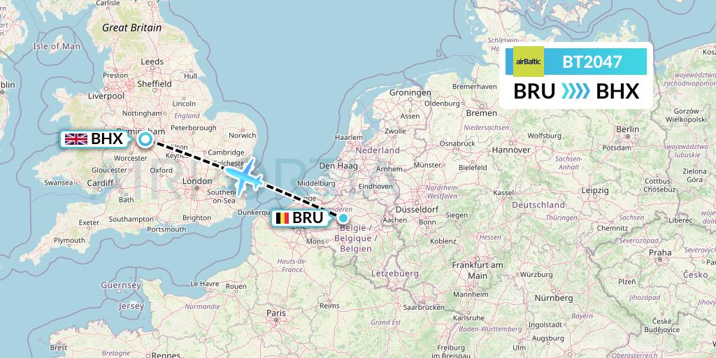 BT2047 Air Baltic Flight Map: Brussels to Birmingham