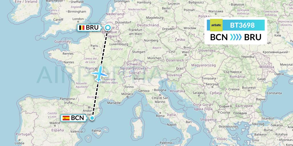 BT3698 Air Baltic Flight Map: Barcelona to Brussels