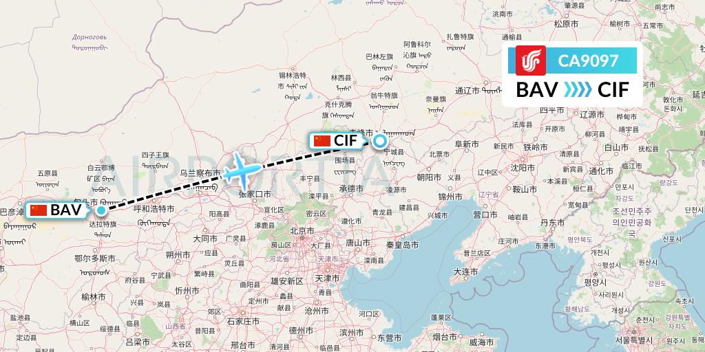 CA9097 Air China Flight Map: Baotou to Chifeng