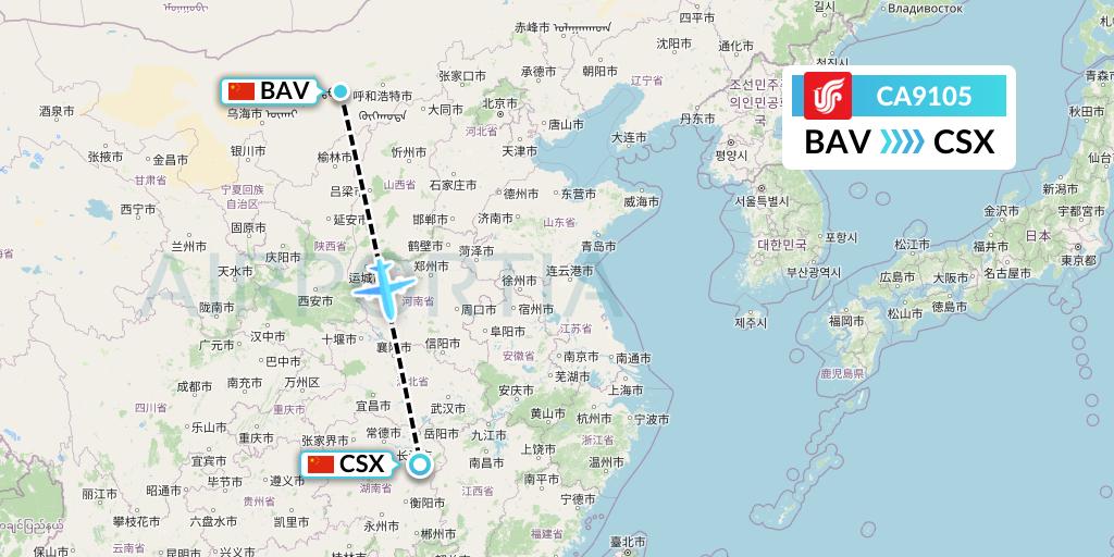 CA9105 Air China Flight Map: Baotou to Changsha