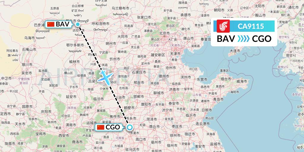 CA9115 Air China Flight Map: Baotou to Zhengzhou