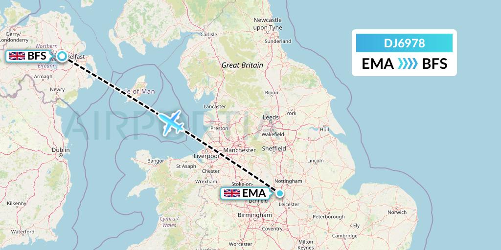 DJ6978 Air Djibouti Flight Map: East Midlands to Belfast
