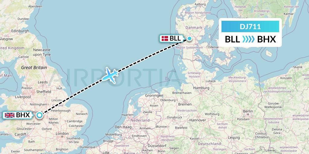 DJ711 Air Djibouti Flight Map: Billund to Birmingham