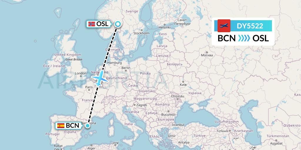 DY5522 Norwegian Flight Map: Barcelona to Oslo