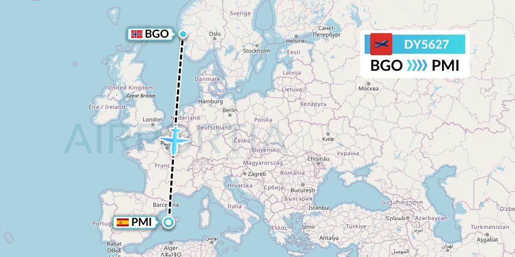 DY5627 Norwegian Flight Map: Bergen to Palma de Mallorca