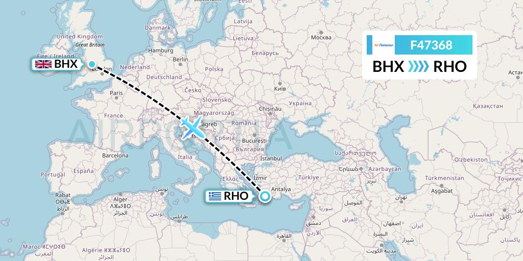 F47368 Air Flamenco Flight Map: Birmingham to Rhodes