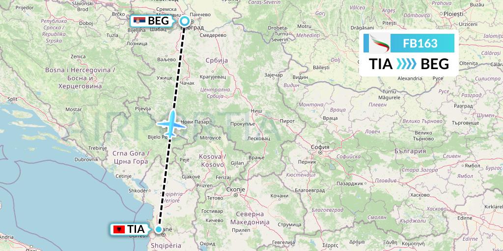 FB163 Bulgaria Air Flight Map: Tirana to Belgrade