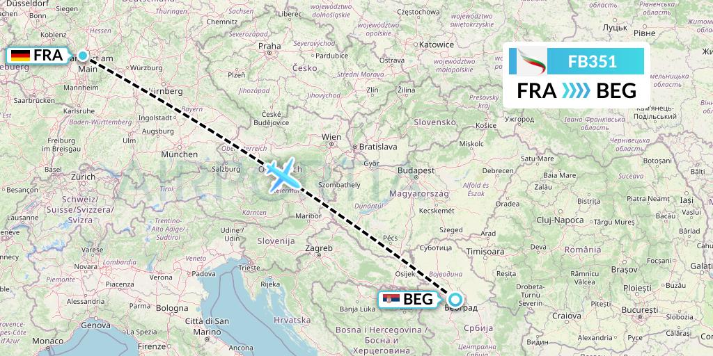 FB351 Bulgaria Air Flight Map: Frankfurt to Belgrade