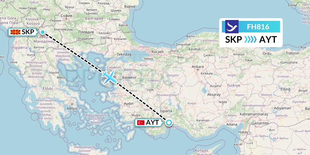 FH816 Freebird Airlines Flight Map: Skopje to Antalya