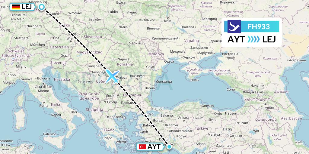 FH933 Freebird Airlines Flight Map: Antalya to Leipzig