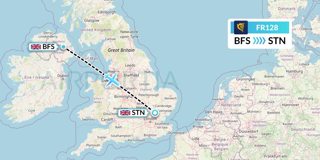 FR128 Ryanair Flight Map: Belfast to London