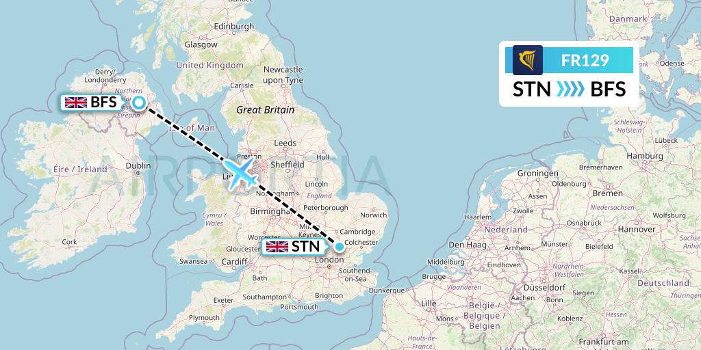FR129 Ryanair Flight Map: London to Belfast