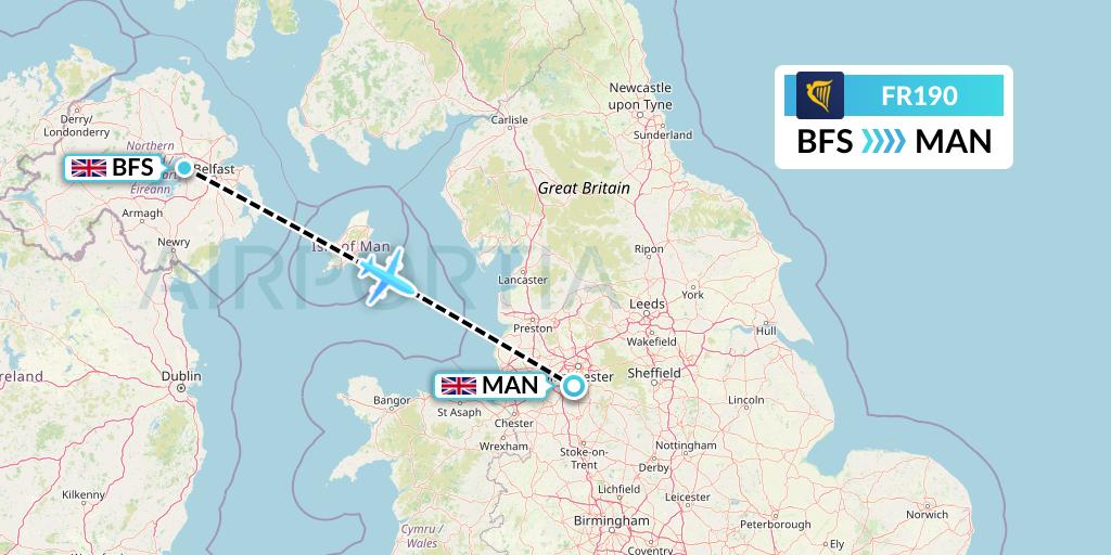 FR190 Ryanair Flight Map: Belfast to Manchester