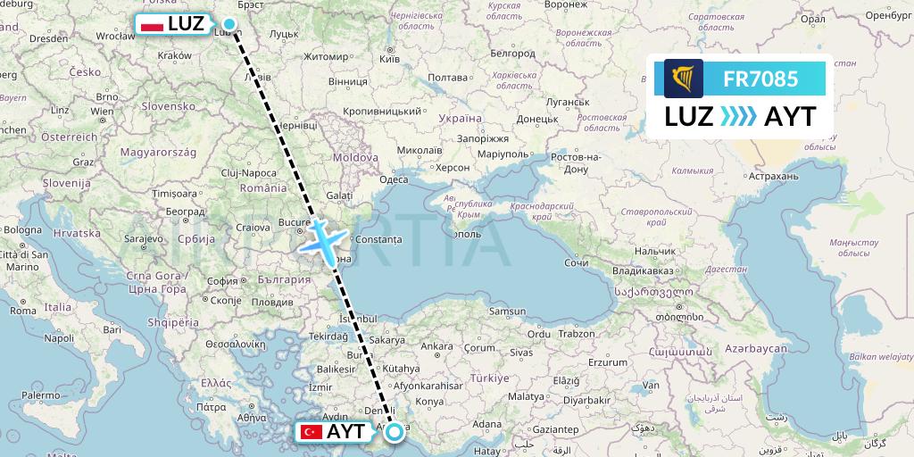 FR7085 Ryanair Flight Map: Lublin to Antalya