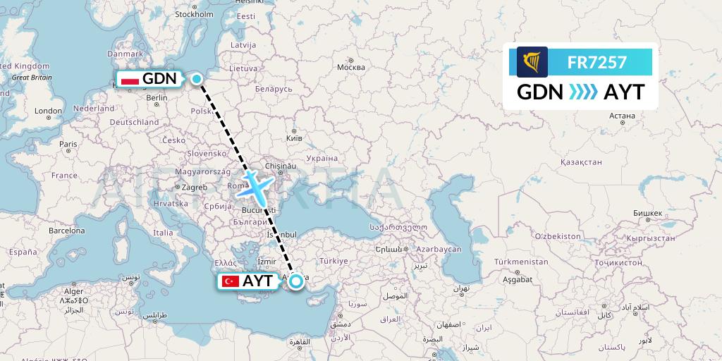 FR7257 Ryanair Flight Map: Gdansk to Antalya