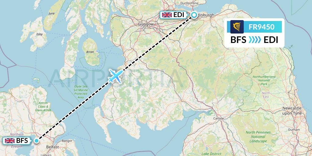 FR9450 Ryanair Flight Map: Belfast to Edinburgh