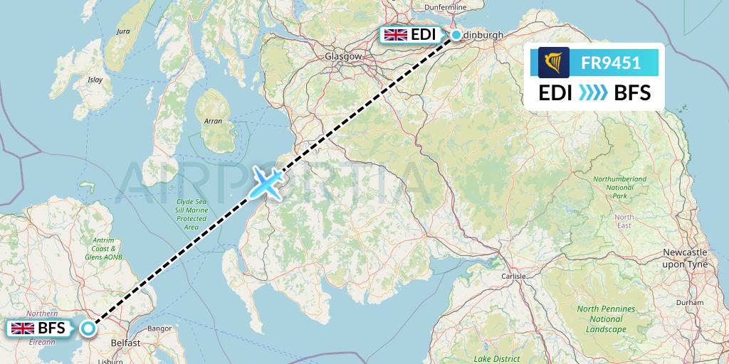 FR9451 Ryanair Flight Map: Edinburgh to Belfast