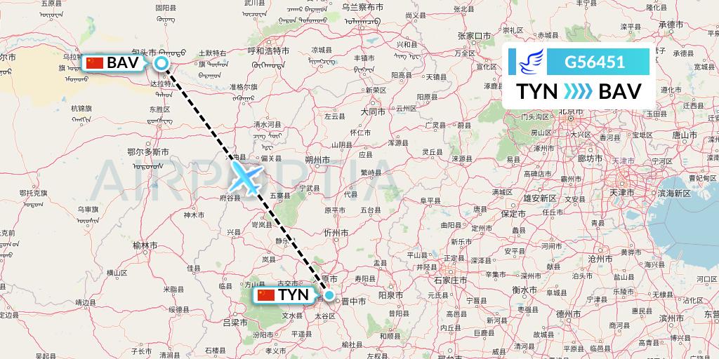 G56451 China Express Airlines Flight Map: Taiyuan to Baotou