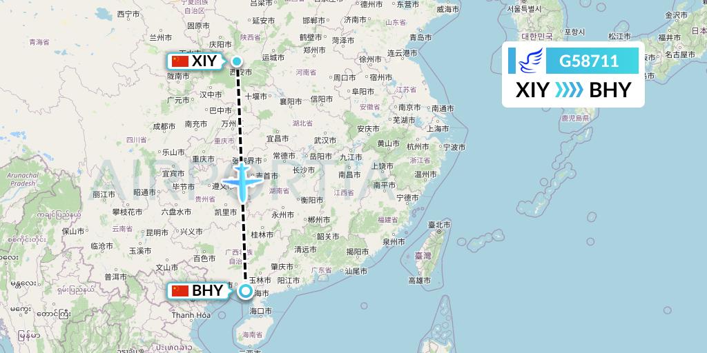 G58711 China Express Airlines Flight Map: Xi'an to Beihai