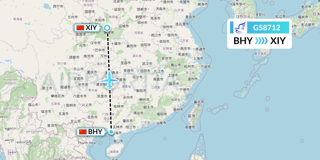 G58712 China Express Airlines Flight Map: Beihai to Xi'an