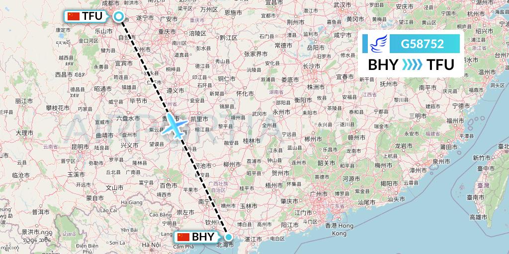 G58752 China Express Airlines Flight Map: Beihai to Chengdu